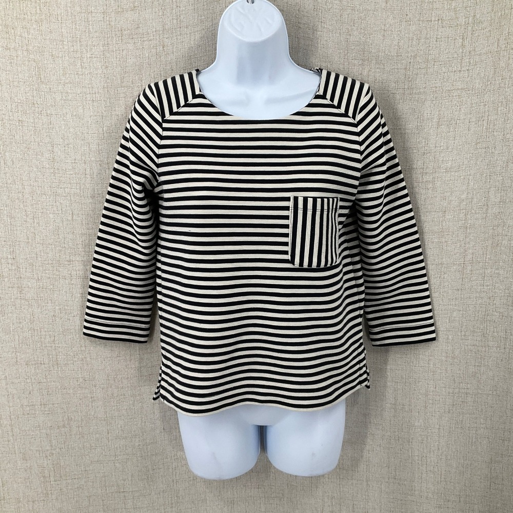 Madewell Top Women S Black Striped Classic Minimalist Ribbed Pocket Back Zip